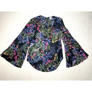 Cupio Women's Botanical Floral Bell Sleeve Feminine Fairy Whimsical Top Black M